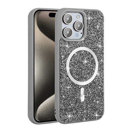 iPhone 15 Pro Kılıf Pırlanta Tasarımlı M-safe Şarj Özellikli Mozaik Silikon Kılıf
