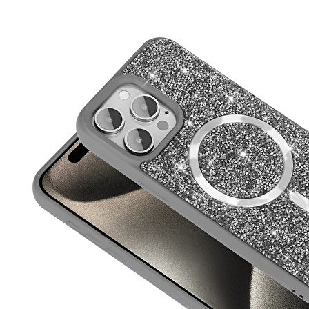 iPhone 15 Pro Kılıf Pırlanta Tasarımlı M-safe Şarj Özellikli Mozaik Silikon Kılıf