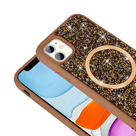 iPhone 11 Kılıf Pırlanta Tasarımlı M-safe Şarj Özellikli Mozaik Silikon Kılıf