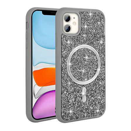 iPhone 11 Kılıf Pırlanta Tasarımlı M-safe Şarj Özellikli Mozaik Silikon Kılıf