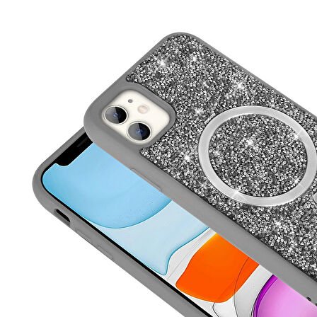iPhone 11 Kılıf Pırlanta Tasarımlı M-safe Şarj Özellikli Mozaik Silikon Kılıf