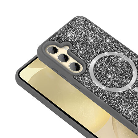 Galaxy S24 FE Kılıf Pırlanta Tasarımlı M-safe Şarj Özellikli Mozaik Silikon Kılıf