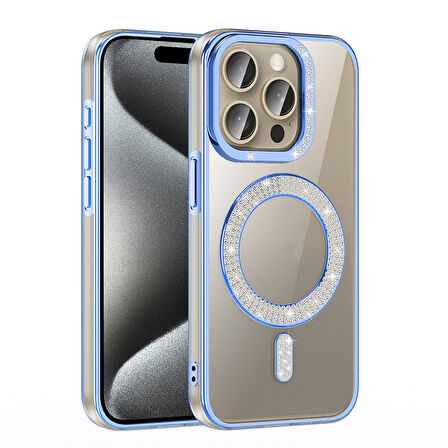 iPhone 15 Pro Max Kılıf Pırlanta Taş Tasarımlı M-safe Şarj Özellikli Karetta Silikon Kılıf