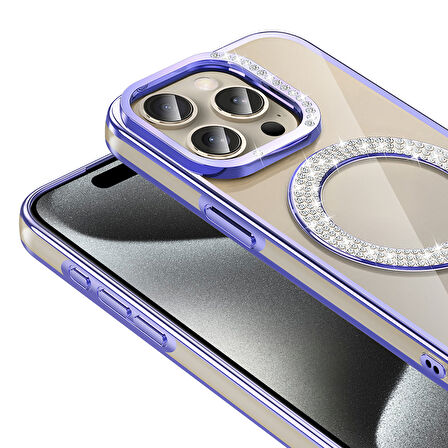 iPhone 15 Pro Max Kılıf Pırlanta Taş Tasarımlı M-safe Şarj Özellikli Karetta Silikon Kılıf