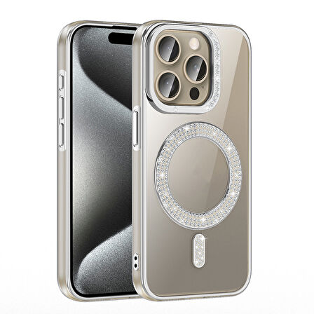 iPhone 15 Pro Max Kılıf Pırlanta Taş Tasarımlı M-safe Şarj Özellikli Karetta Silikon Kılıf