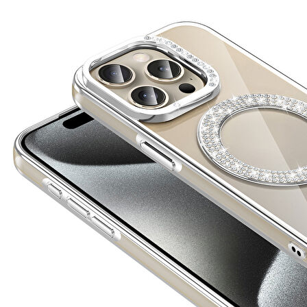 iPhone 15 Pro Max Kılıf Pırlanta Taş Tasarımlı M-safe Şarj Özellikli Karetta Silikon Kılıf