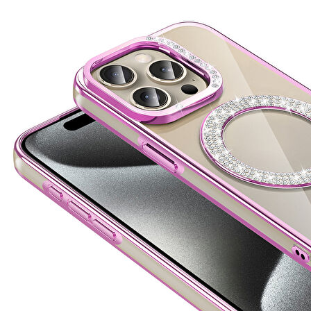 iPhone 15 Pro Kılıf Pırlanta Taş Tasarımlı M-safe Şarj Özellikli Karetta Silikon Kılıf