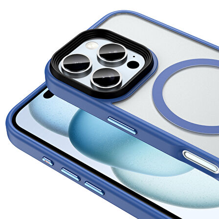 iPhone 16 Pro Max Kılıf Mat Arka Yüzey Wireless Şarj Özellikli Flet M-safe Kılıf Mavi