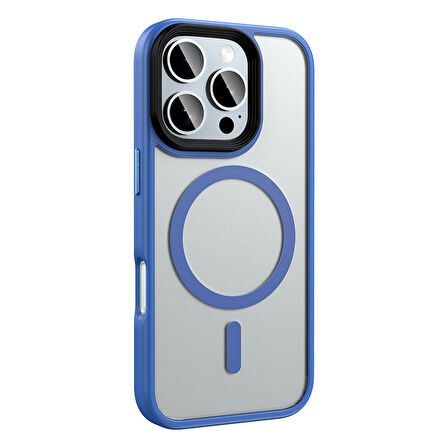 iPhone 16 Pro Kılıf Mat Arka Yüzey Wireless Şarj Özellikli Flet M-safe Kılıf Mavi