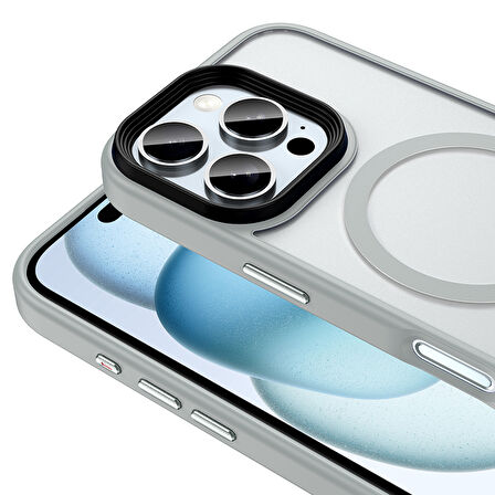 iPhone 16 Pro Kılıf Mat Arka Yüzey Wireless Şarj Özellikli Flet M-safe Kılıf Gümüş