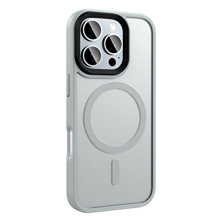 iPhone 16 Pro Kılıf Mat Arka Yüzey Wireless Şarj Özellikli Flet M-safe Kılıf Gümüş