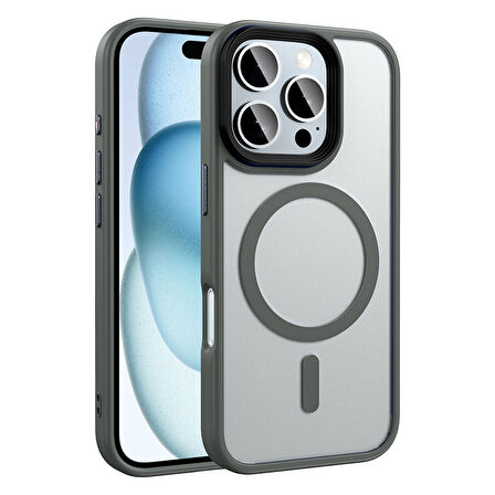 iPhone 16 Pro Kılıf Mat Arka Yüzey Wireless Şarj Özellikli Flet M-safe Kılıf Titanyum-Gri