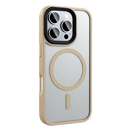 iPhone 16 Pro Kılıf Mat Arka Yüzey Wireless Şarj Özellikli Flet M-safe Kılıf Desert Titanyum