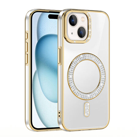 iPhone 15 Kılıf Pırlanta Taş Tasarımlı M-safe Şarj Özellikli Karetta Silikon Kılıf