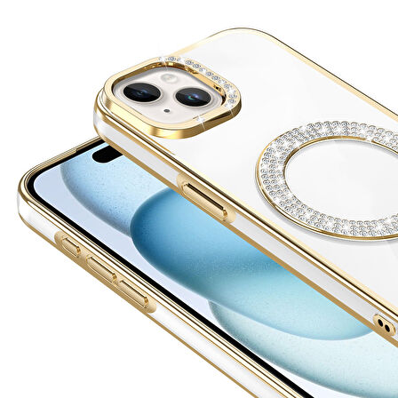 iPhone 15 Kılıf Pırlanta Taş Tasarımlı M-safe Şarj Özellikli Karetta Silikon Kılıf