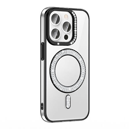 iPhone 14 Pro Max Kılıf Pırlanta Taş Tasarımlı M-safe Şarj Özellikli Karetta Silikon Kılıf