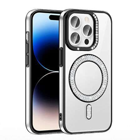 iPhone 14 Pro Max Kılıf Pırlanta Taş Tasarımlı M-safe Şarj Özellikli Karetta Silikon Kılıf