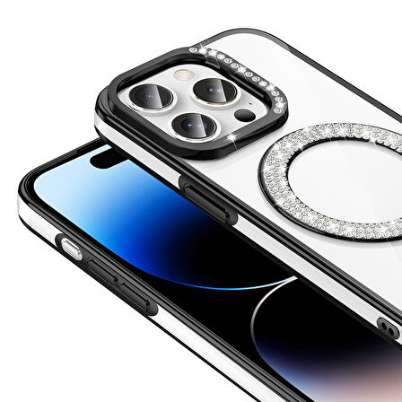 iPhone 14 Pro Max Kılıf Pırlanta Taş Tasarımlı M-safe Şarj Özellikli Karetta Silikon Kılıf