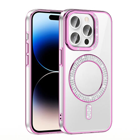 iPhone 14 Pro Max Kılıf Pırlanta Taş Tasarımlı M-safe Şarj Özellikli Karetta Silikon Kılıf