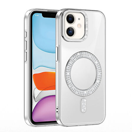 iPhone 11 Kılıf Pırlanta Taş Tasarımlı M-safe Şarj Özellikli Karetta Silikon Kılıf