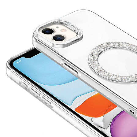 iPhone 11 Kılıf Pırlanta Taş Tasarımlı M-safe Şarj Özellikli Karetta Silikon Kılıf