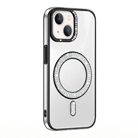 iPhone 14 Kılıf Pırlanta Taş Tasarımlı M-safe Şarj Özellikli Karetta Silikon Kılıf