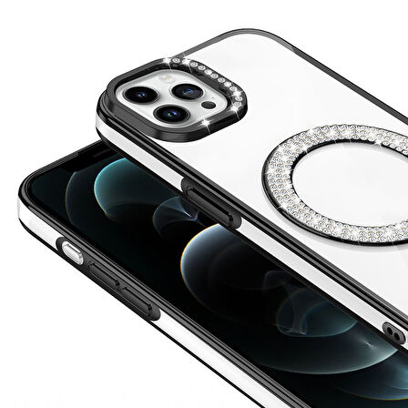iPhone 12 Kılıf Pırlanta Taş Tasarımlı M-safe Şarj Özellikli Karetta Silikon Kılıf