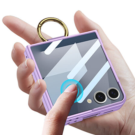 Galaxy Z Flip 7 Kılıf M-safe Şarj Özellikli Kıpta Yüzüklü Flip Sert Kılıf Lila