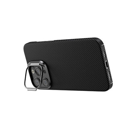 iPhone 15 Pro Max Kılıf Magsafe Şarj Özellikli 600D Kevlar Krek Karbon Standlı Kılıf