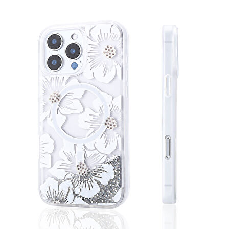 iPhone 16 Pro Kılıf Sıvılı Simli Baskılı Şeffaf Arka Yüzey Mossa Silikon Kılıf