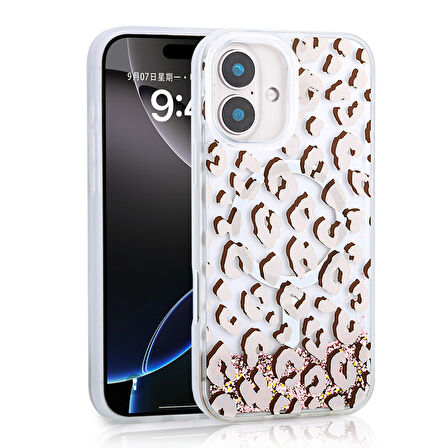 iPhone 16 Kılıf Sıvılı Simli Baskılı Şeffaf Arka Yüzey Mossa Silikon Kılıf