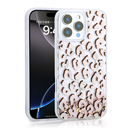 iPhone 15 Pro Max Kılıf Sıvılı Simli Baskılı Şeffaf Arka Yüzey Mossa Silikon Kılıf