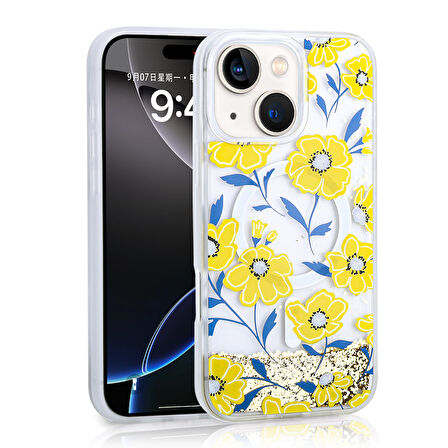 iPhone 15 Kılıf Sıvılı Simli Baskılı Şeffaf Arka Yüzey Mossa Silikon Kılıf