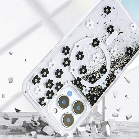 iPhone 14 Pro Max Kılıf Sıvılı Simli Baskılı Şeffaf Arka Yüzey Mossa Silikon Kılıf