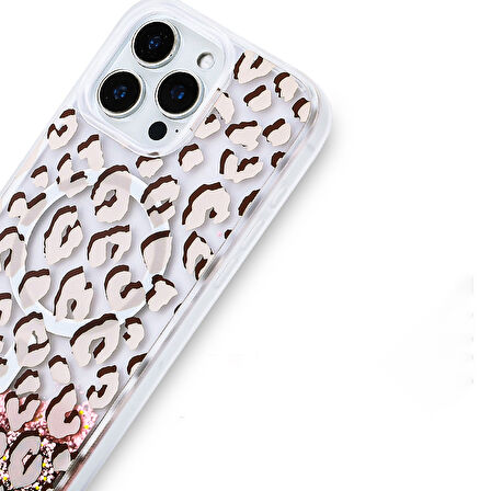 iPhone 14 Pro Max Kılıf Sıvılı Simli Baskılı Şeffaf Arka Yüzey Mossa Silikon Kılıf