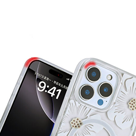 iPhone 14 Pro Max Kılıf Sıvılı Simli Baskılı Şeffaf Arka Yüzey Mossa Silikon Kılıf