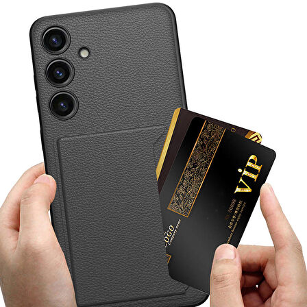 Galaxy S24 Plus Suni Deri Arka Yüzey Sürgülü Kamera Korumalı Kartlıklı Kıpta Silikon Kılıf