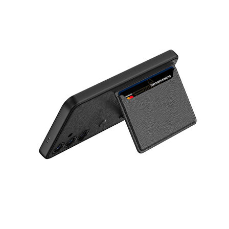 Galaxy S24 Suni Deri Arka Yüzey Sürgülü Kamera Korumalı Kartlıklı Kıpta Silikon Kılıf