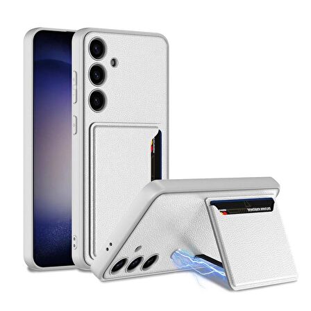 Galaxy S24 Suni Deri Arka Yüzey Sürgülü Kamera Korumalı Kartlıklı Kıpta Silikon Kılıf