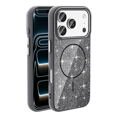 iPhone 17 Pro Kılıf M-safe Şarj Özellikli Parlayan Simli Okso Kılıf