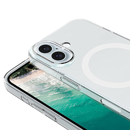 iPhone 16 Plus Kılıf Magsafe Şarj Özellikli Şeffaf Tek Kamera Çerçeveli Porto Kılıf