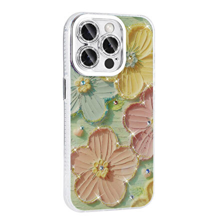 iPhone 15 Pro Max Kılıf Çiçek Desenli Parlak Taşlı Sert Silikon Garden Kılıf