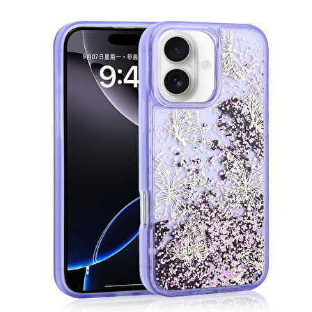iPhone 16 Kılıf Sıvılı Simli Kelebek Baskılı Şeffaf Arka Yüzey Glis Silikon Kılıf