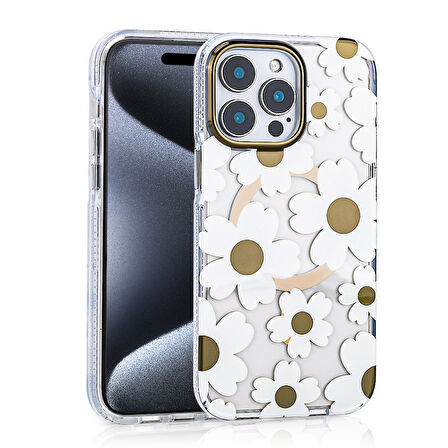 iPhone 14 Pro Max Kılıf Magsafe Şarj Özellikli Şık Çiçek Desenli Papat Kılıf