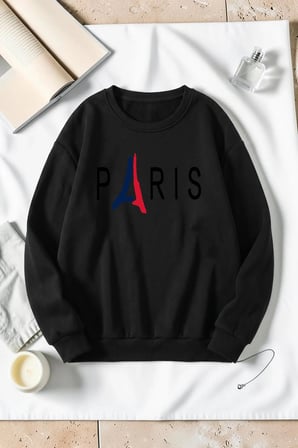 Unisex Paris Baskılı Bisiklet Yaka Sweatshirt
