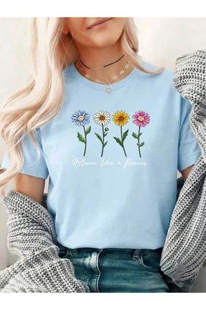 Unisex Flowers Baskılı Tasarım Tshirt