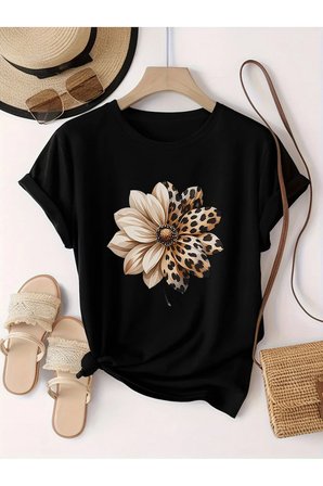 Unisex Leopar Desenli Papatya Baskılı Tasarım Tshirt