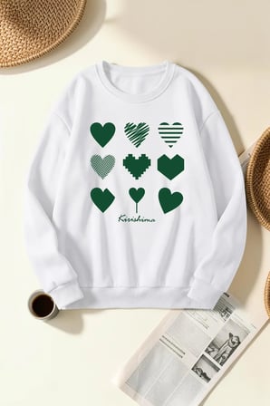 Unisex Kırıshıma Kalp Baskılı Bisiklet Yaka Sweatshirt