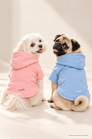 moffi 2'li Kız ve Erkek Kedi Köpek Çift Kombini Kapüşonlu Sweatshirt Pembe & Mavi Kışlık Hoodie Seti