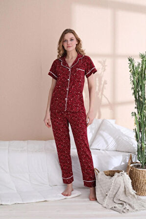 Kadın Bordo Yapraklı Düğmeli 2'Li Kısa Kol Pijama Takımı